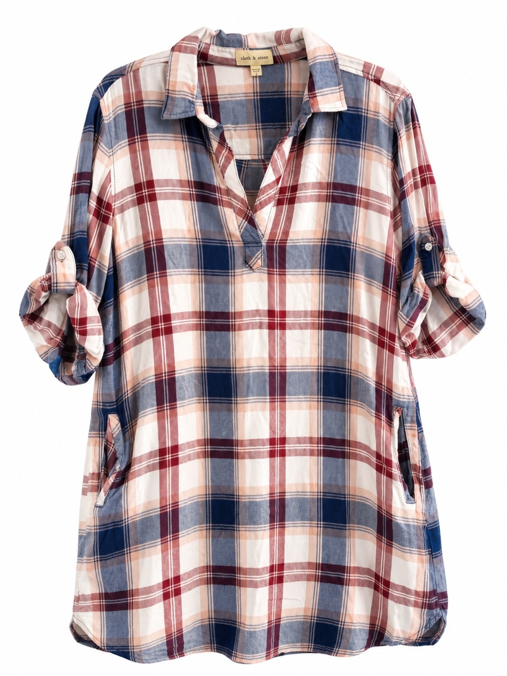 Cloth & Stone Plaid Tunic Top Large Roll Tab Sleeves Pockets Boho Fall
